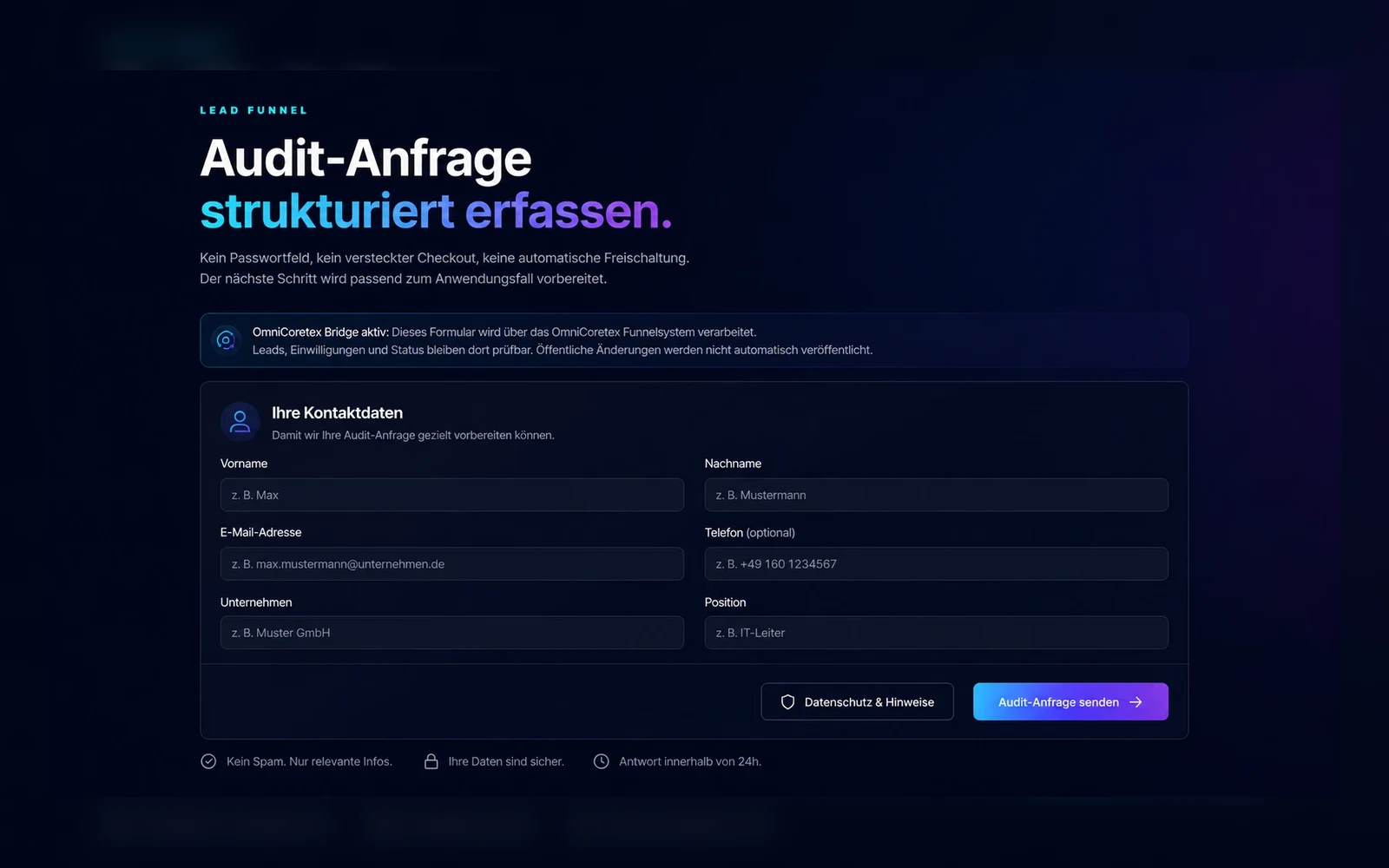 Audit Anfrage Oberfläche mit Formular, Datenschutz-Hinweis und nächsten Schritten